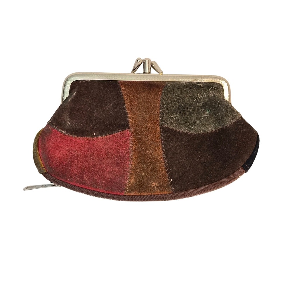Vintage Patchwork Suede Coin Purse Kiss Lock Zippered Pouch With Key Ring Brown